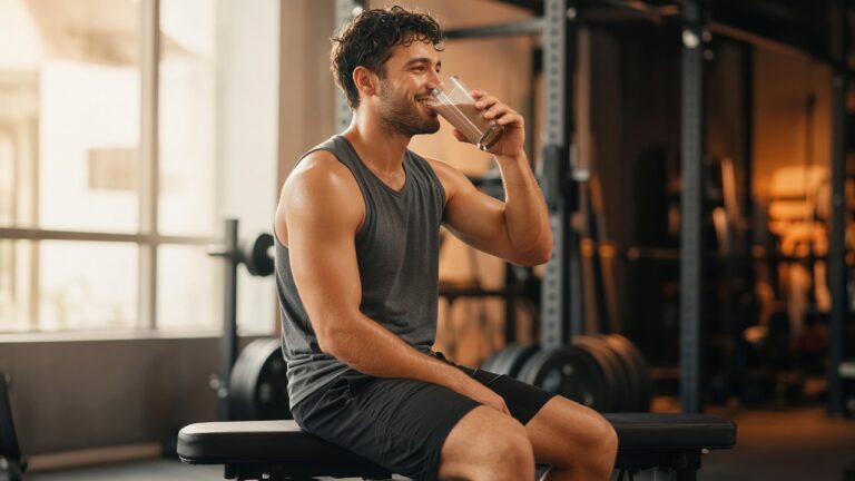 Athlete drinking chocolate milk after a workout at the gym, warm light