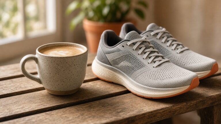 Morning coffee next to running shoes in warm daylight, caffeine before a workout