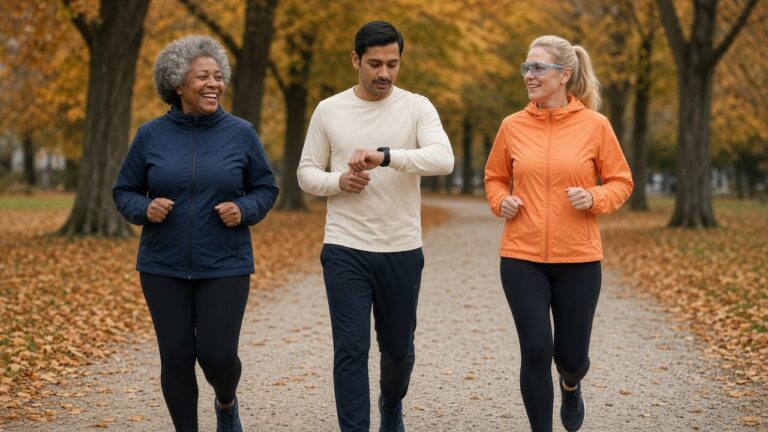 Trois coureurs débutants d'âges différents courent ensemble à un rythme tranquille dans un parc en automne, une bonne façon de se mettre à la course à pied