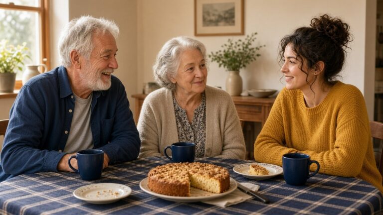 Trois voisins de différents âges boivent un café ensemble à une table de cuisine et discutent, des contacts sociaux pour bien vieillir