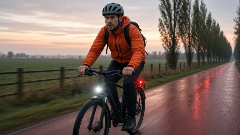 Sporty cyclist in a rain jacket pedalling hard on a cycle path in the morning with bike lights on, cycling to work
