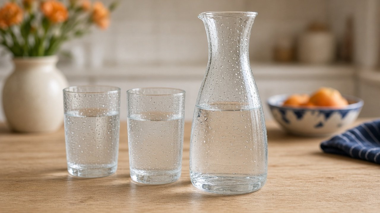 Karaf met kraanwater en twee gevulde glazen op een houten keukentafel