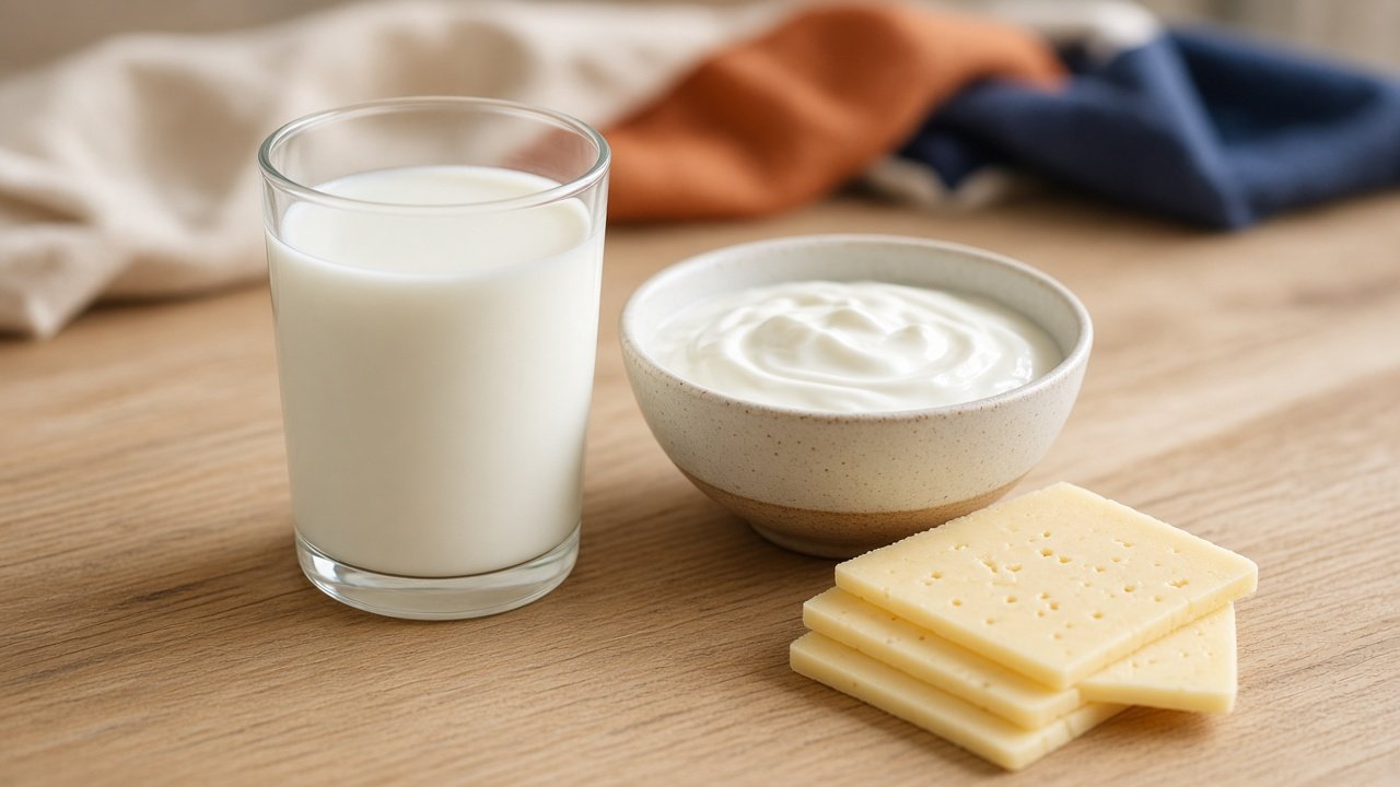 Een glas melk, een kom natuuryoghurt en enkele plakjes kaas op tafel