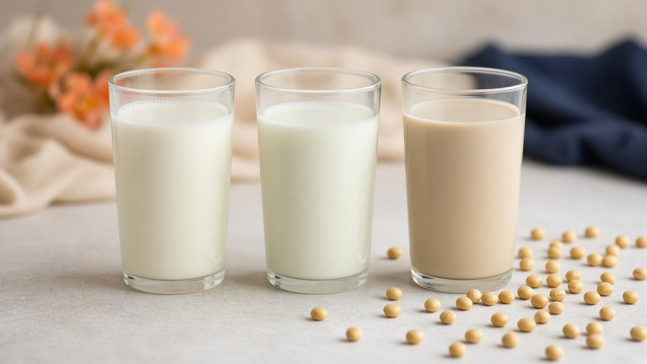 Drie glazen met volle melk, halfvolle melk en een plantaardige sojadrank
