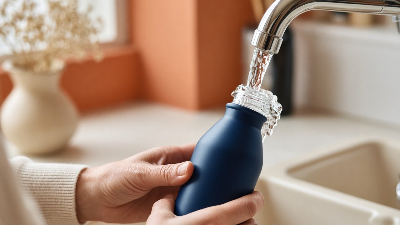 Handen vullen een herbruikbare drinkfles aan de kraan