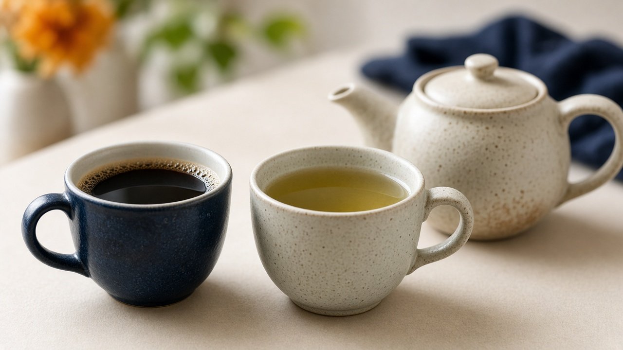 Une tasse de café et une tasse de thé vert côte à côte sur la table