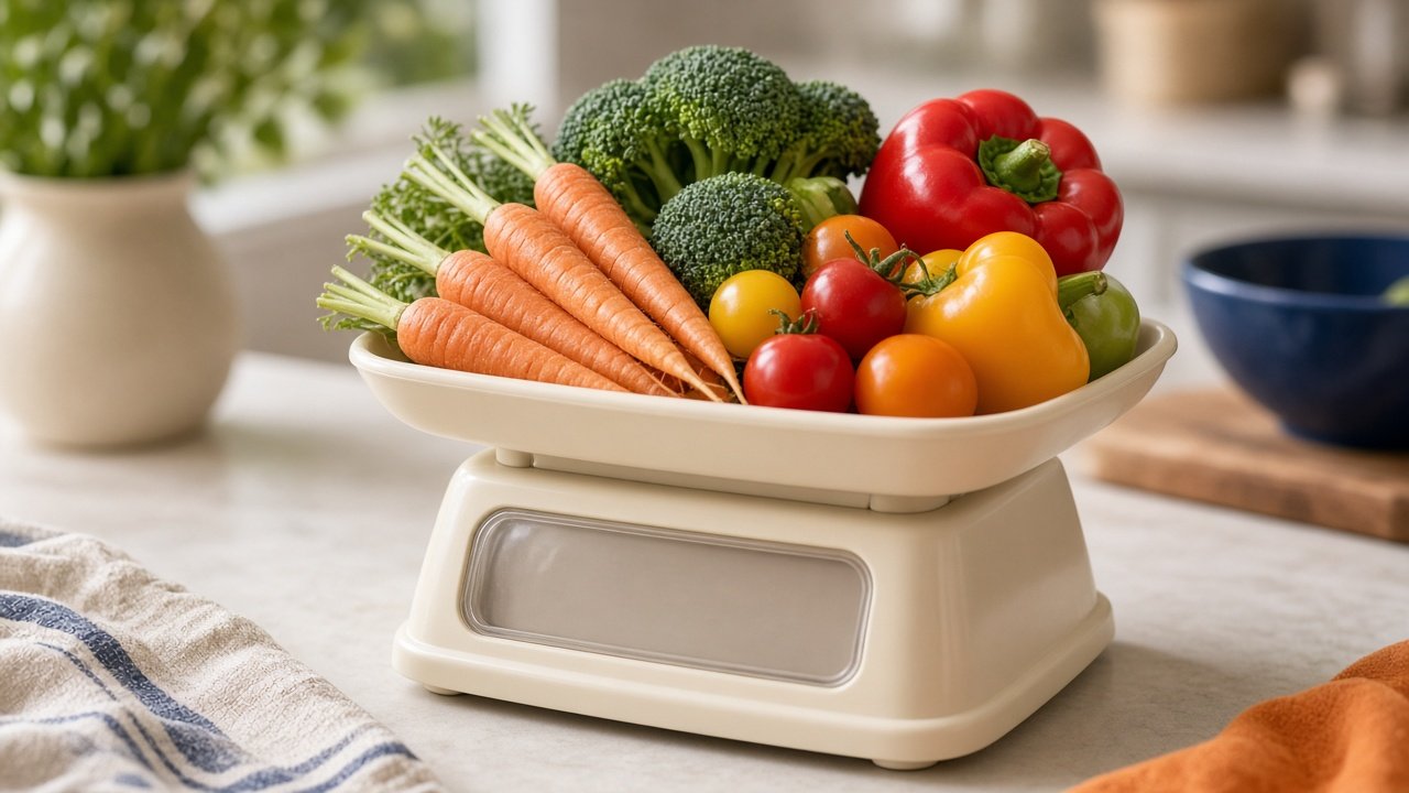 Une balance de cuisine avec un mélange de légumes frais