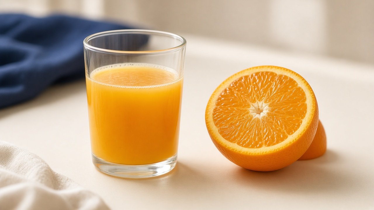 A glass of orange juice next to an orange cut in half