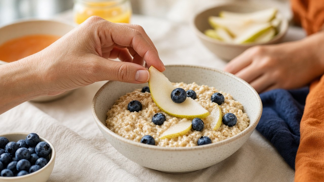 Hands adding pear slices and blueberries to a bowl of oatmeal