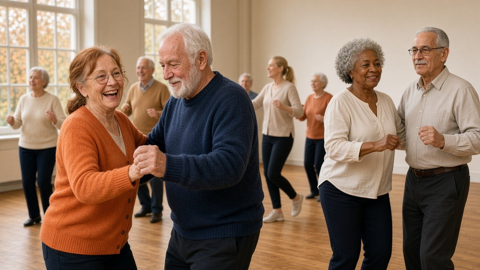 Danser après 65 ans : deux couples âgés dansent ensemble, souriants et concentrés, pendant un cours de danse dans une salle lumineuse