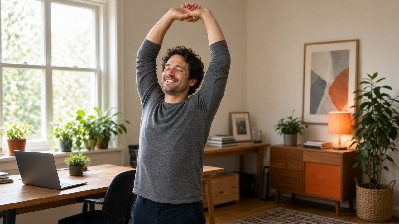 Une personne en télétravail se lève de son bureau et s'étire en souriant, une pause active au bureau