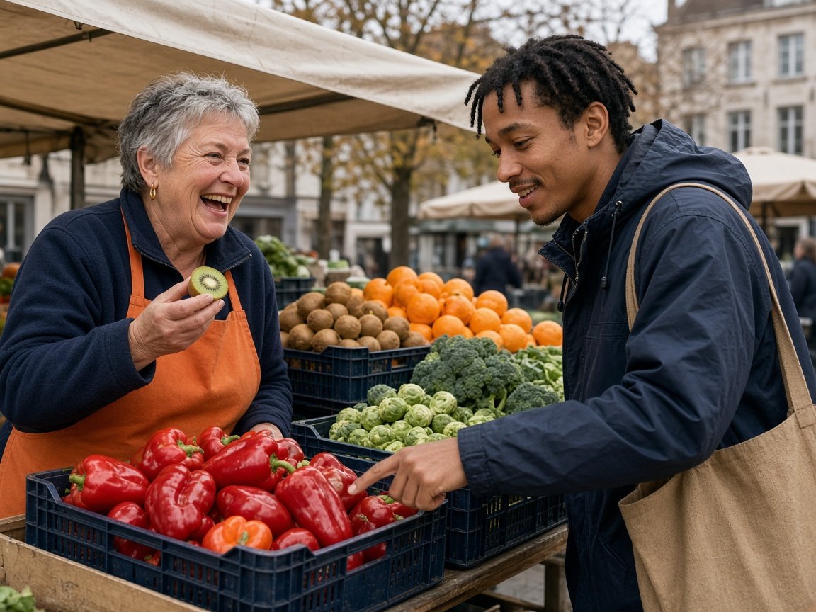 A market trader shows a customer kiwi, peppers and Brussels sprouts as sources of vitamin C