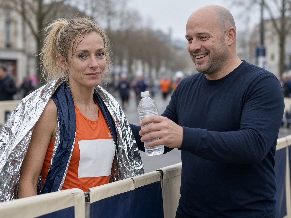 Deux coureurs juste après l'arrivée d'un marathon, avec une couverture de survie et une bouteille d'eau