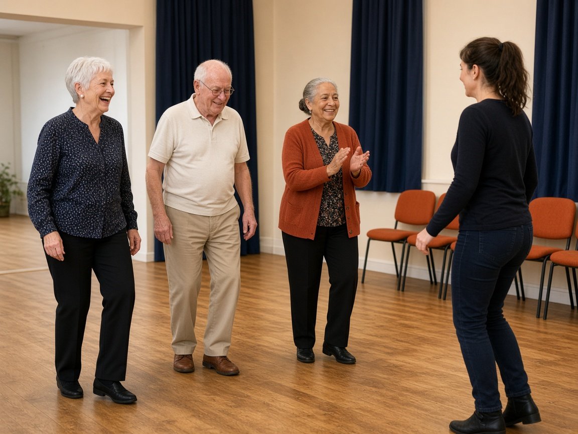 Un groupe de seniors danse une line dance côte à côte dans une salle communale, avec une animatrice devant eux