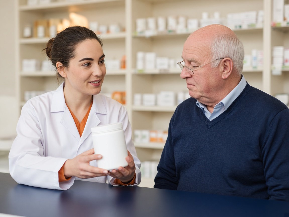 A pharmacist explains a vitamin C supplement to a 67-year-old man at the counter