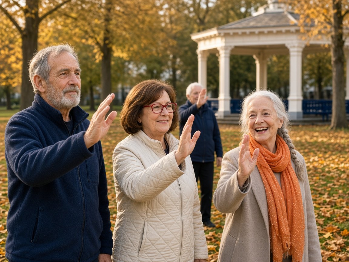 Vier 65-plussers doen samen tai chi in een stadspark op een zonnige herfstochtend