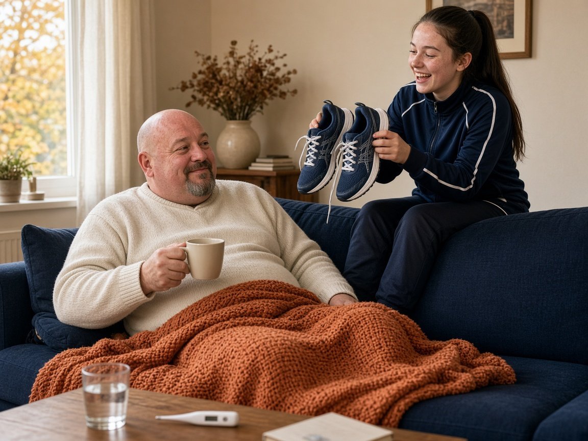 Een vader met koorts rust onder een deken met thee terwijl zijn dochter lachend zijn loopschoenen omhoog houdt