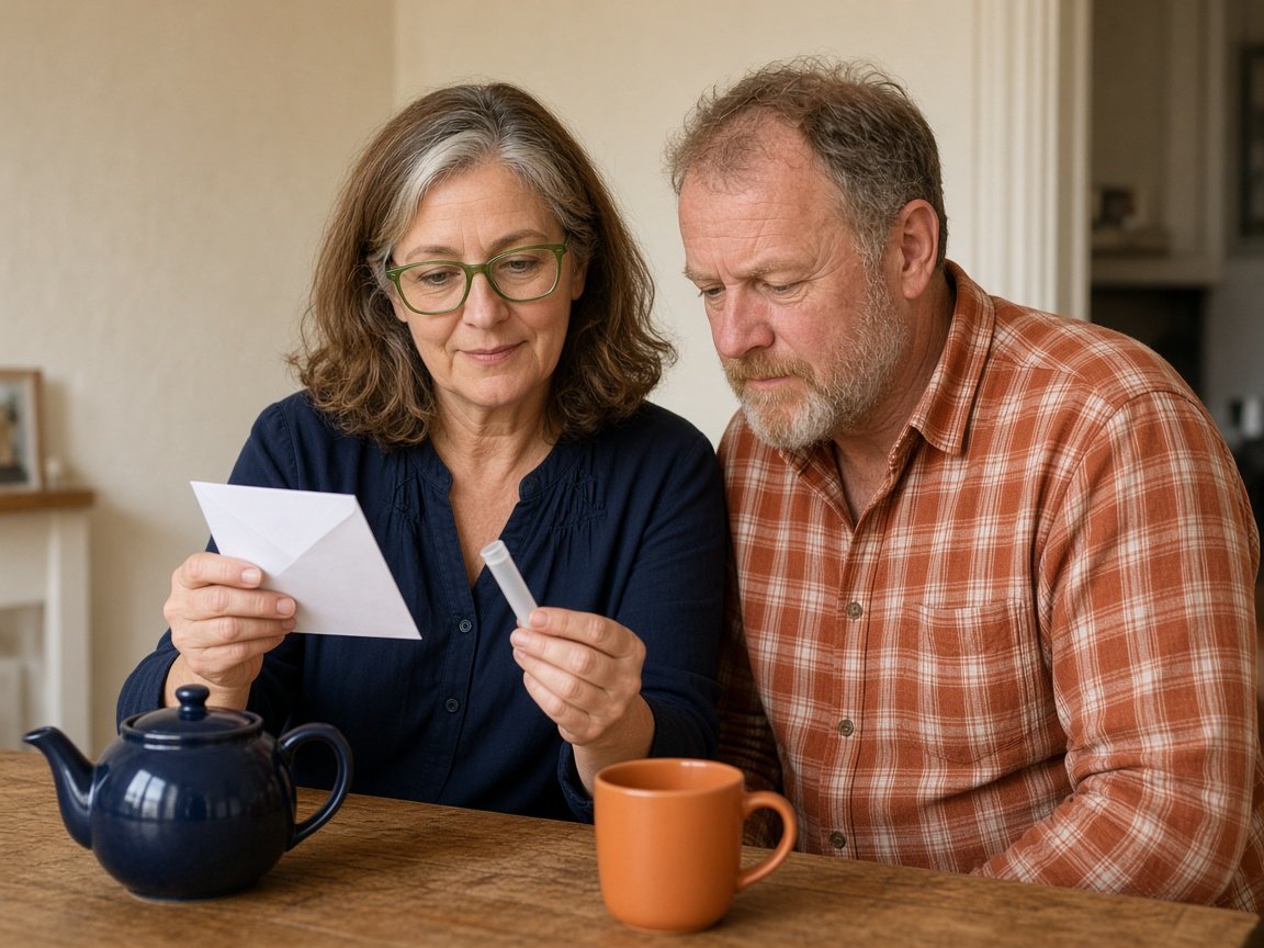 Un couple d'environ 55 ans lit à la table de la cuisine le mode d'emploi du test de selles gratuit