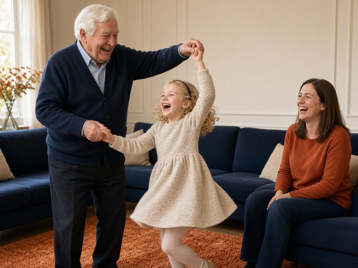 A grandfather dances with his granddaughter in the living room while her mother watches and laughs