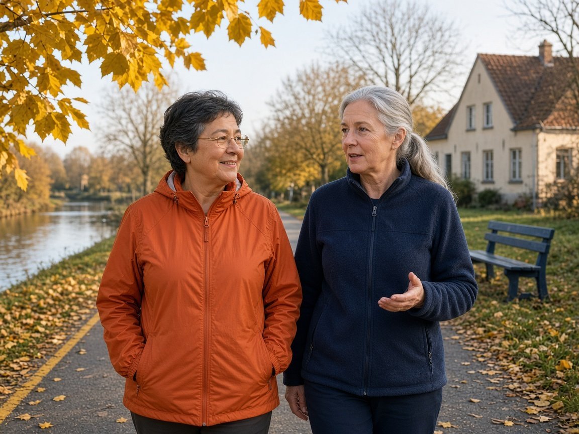 Twee vriendinnen wandelen stevig langs een kanaal als rustige herstart na een verkoudheid