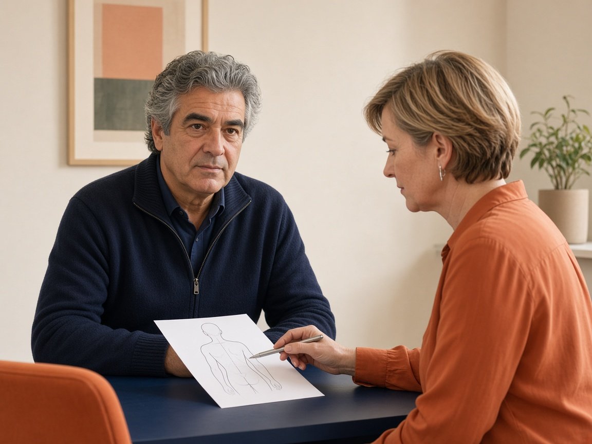 A GP explains to a 61-year-old man why a colonoscopy matters after an abnormal test