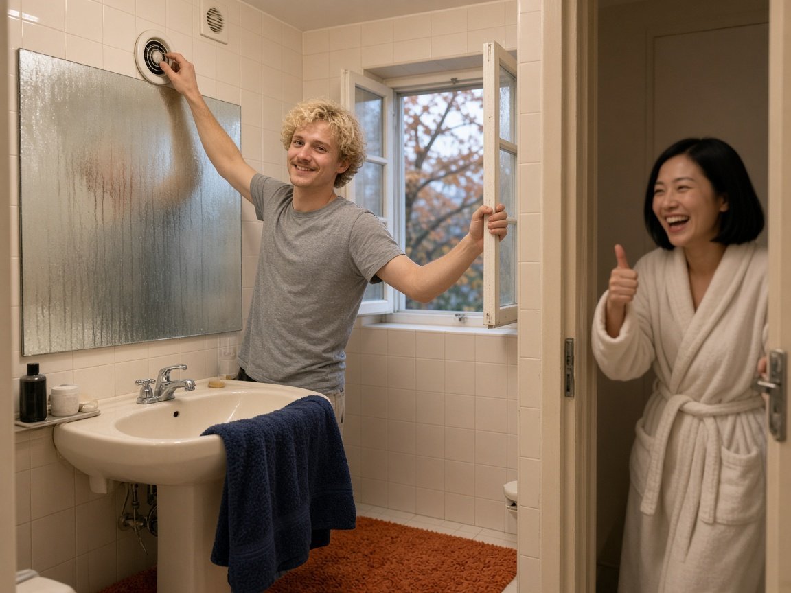 A young couple switches on the bathroom fan and opens the window wide after a shower
