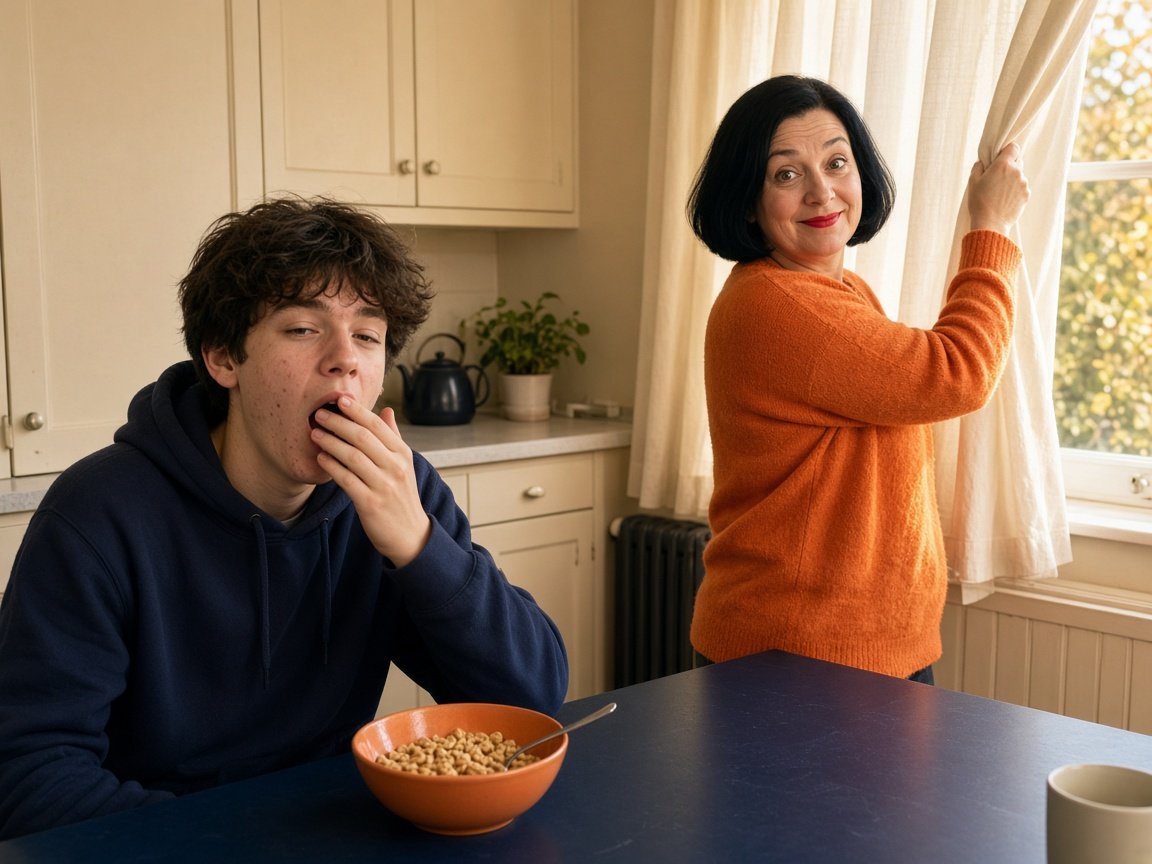 Un ado de 14 ans encore endormi au petit-déjeuner pendant que sa mère laisse entrer la lumière du matin