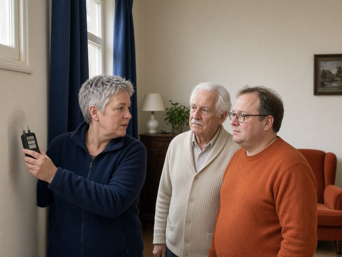 Een adviseur meet het vocht in een muur terwijl een oudere eigenaar en zijn zoon aandachtig luisteren