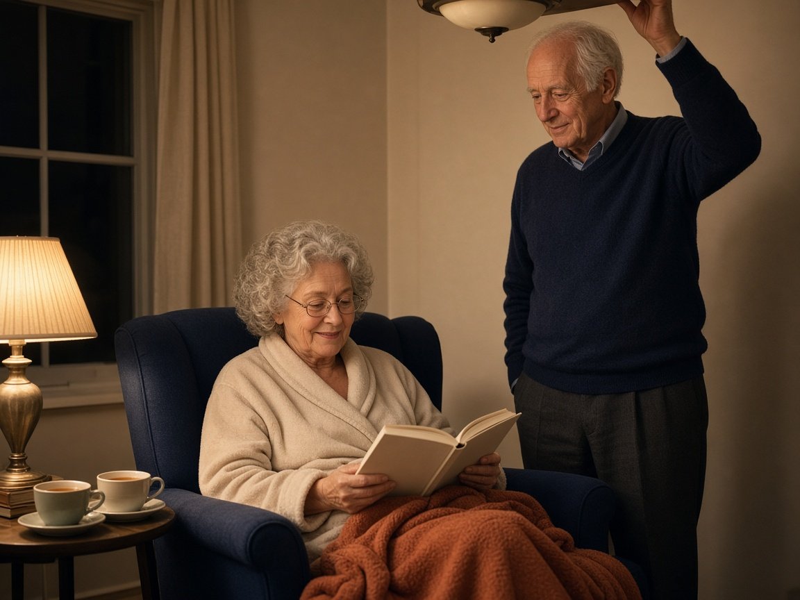 An older couple winds down in the evening with a book and dimmed light, without screens