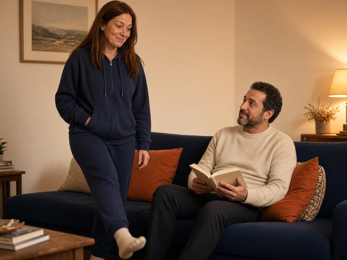 A woman gets up from the sofa in the evening to move her restless legs while her husband looks up understandingly