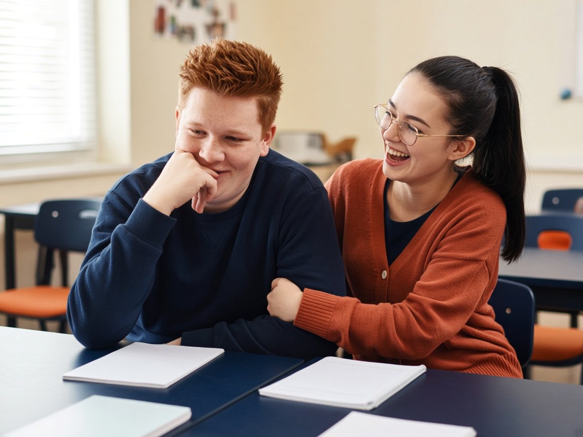 Two teenagers in class: a boy stifles a yawn while his classmate laughs