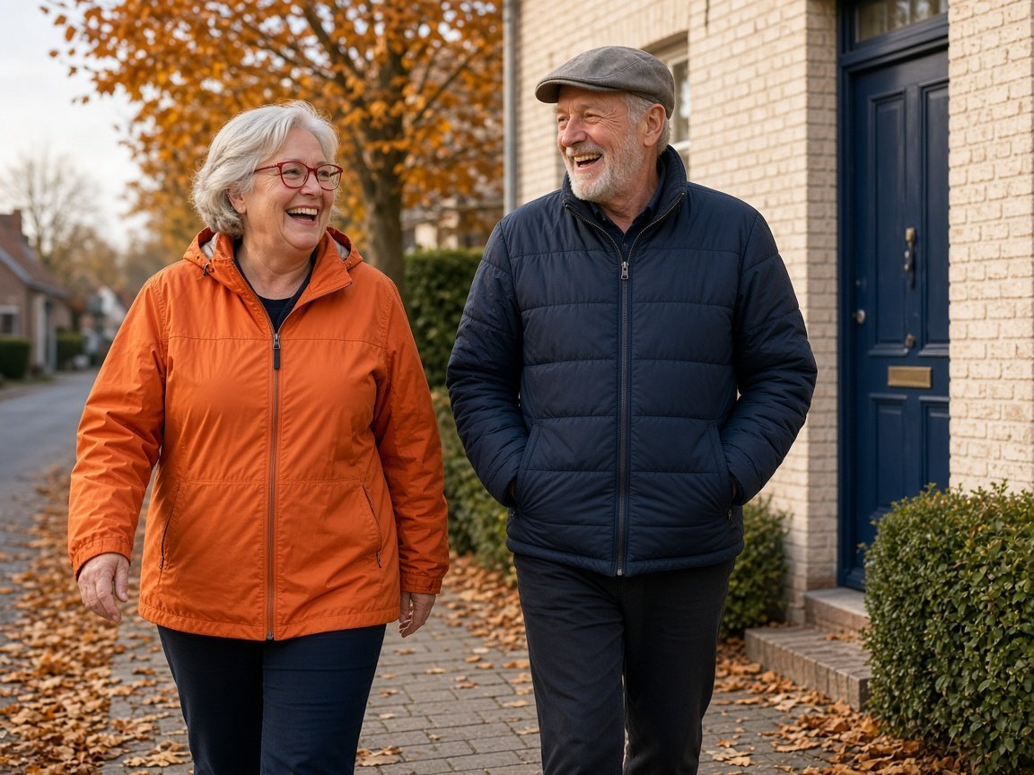 Deux voisins marchent d'un bon pas dans leur rue en journée, une habitude qui peut aider contre les jambes sans repos