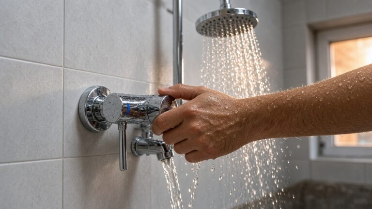 Une main tourne le robinet de la douche vers l'eau froide alors que l'eau coule déjà : douche froide