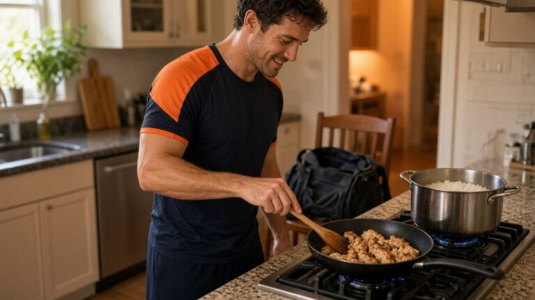 A man cooking chicken and rice at home after training: what to eat before and after a workout