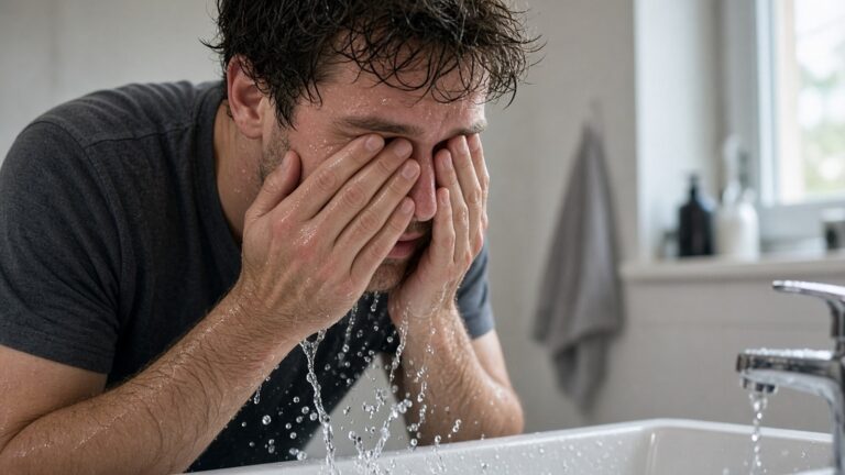 Personne s'aspergeant le visage d'eau froide le matin au lavabo