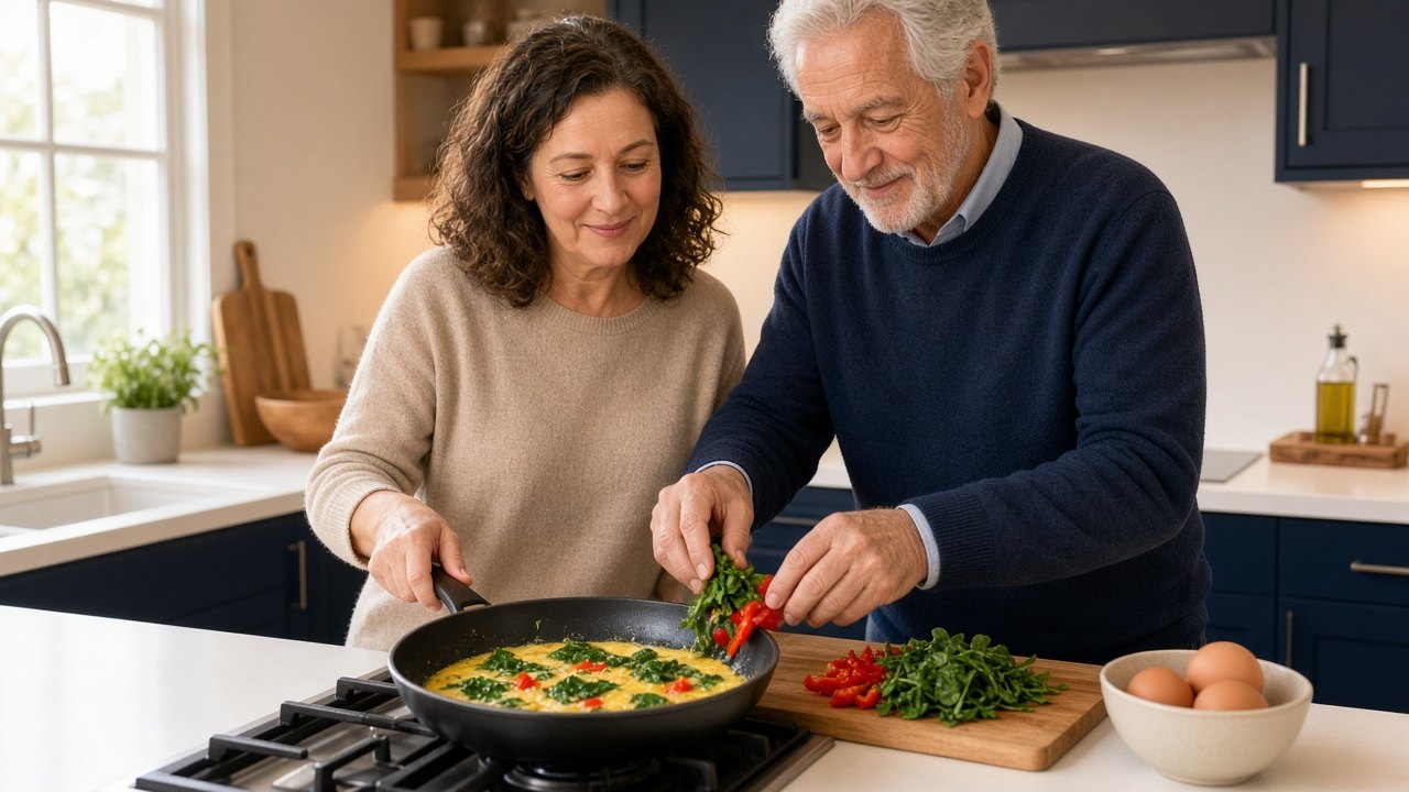 Een vrouw en haar vader bakken samen een omelet met spinazie en paprika in een lichte keuken