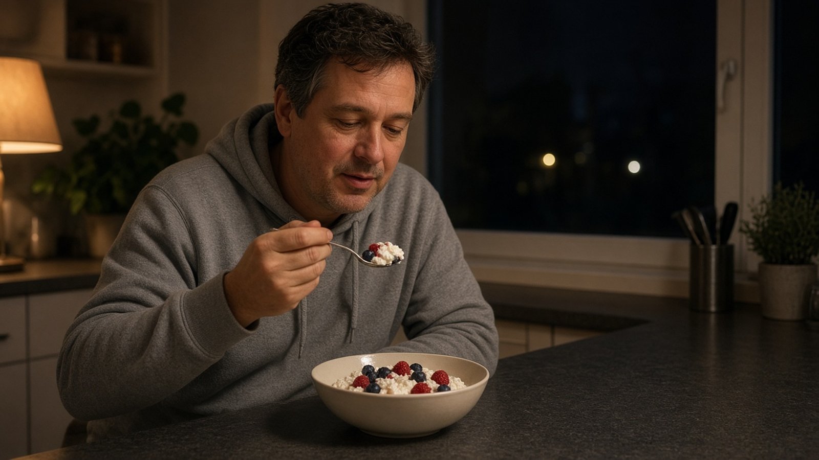 Man in comfortabele kleding eet 's avonds in een gedimde keuken een kom kwark met bessen met een lepel