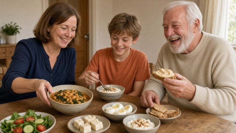 Drie generaties aan tafel met kikkererwten, hummus, eieren en yoghurt, eiwitrijke maaltijden zonder vlees of vis