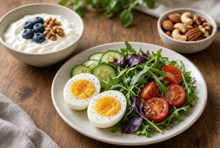 Ontbijt en lunch met eiwitten na 40: Griekse yoghurt met noten, gekookte eieren en een bord salade op een houten tafel