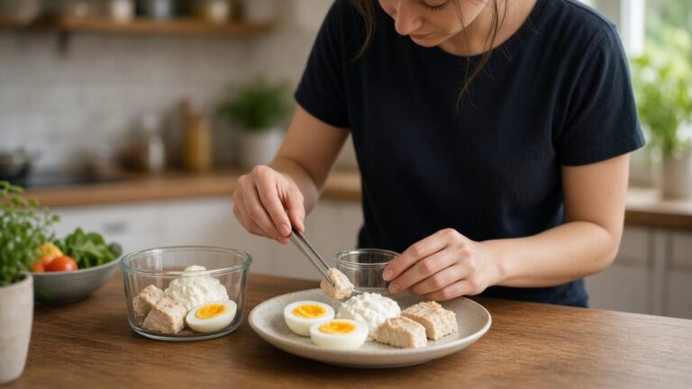 Handen verdelen eiwitrijk eten over bord en bakje op het aanrecht