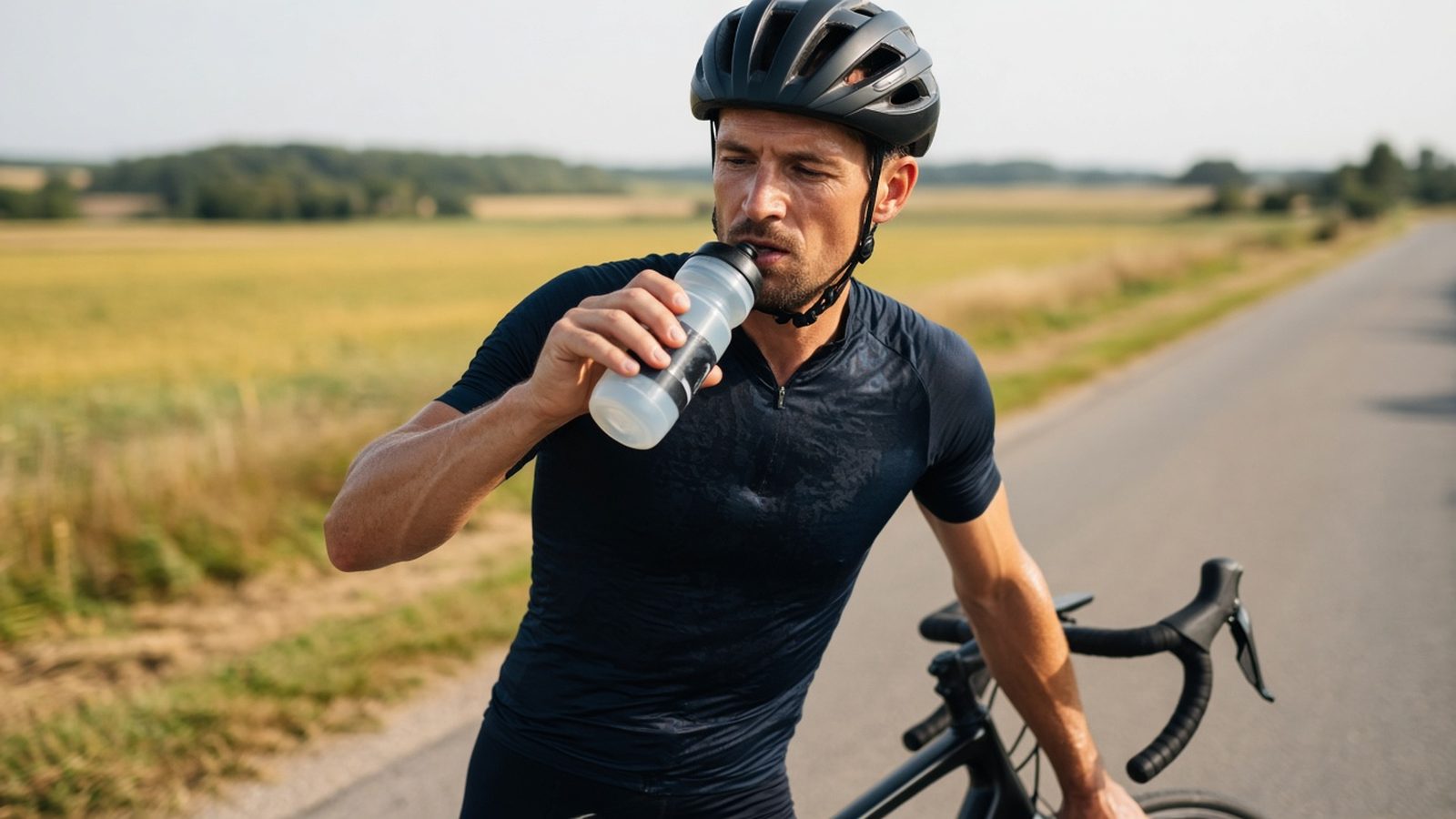 Road cyclist in a helmet drinking from his bottle along a country road between summer fields, electrolytes for endurance