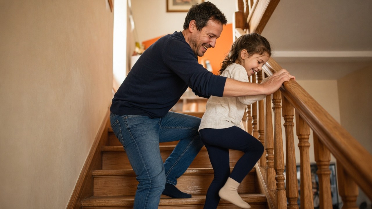 A parent and child laughing as they climb the stairs at home, a quick exercise snack