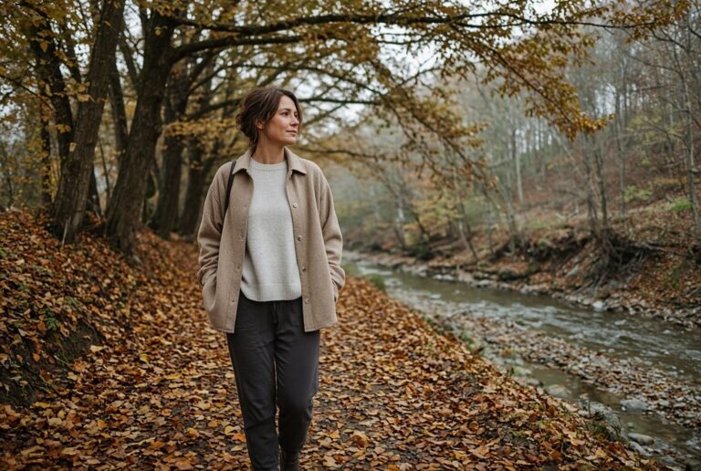 Woman walking on a forest path covered in autumn leaves along a stream, exercising outdoors in autumn