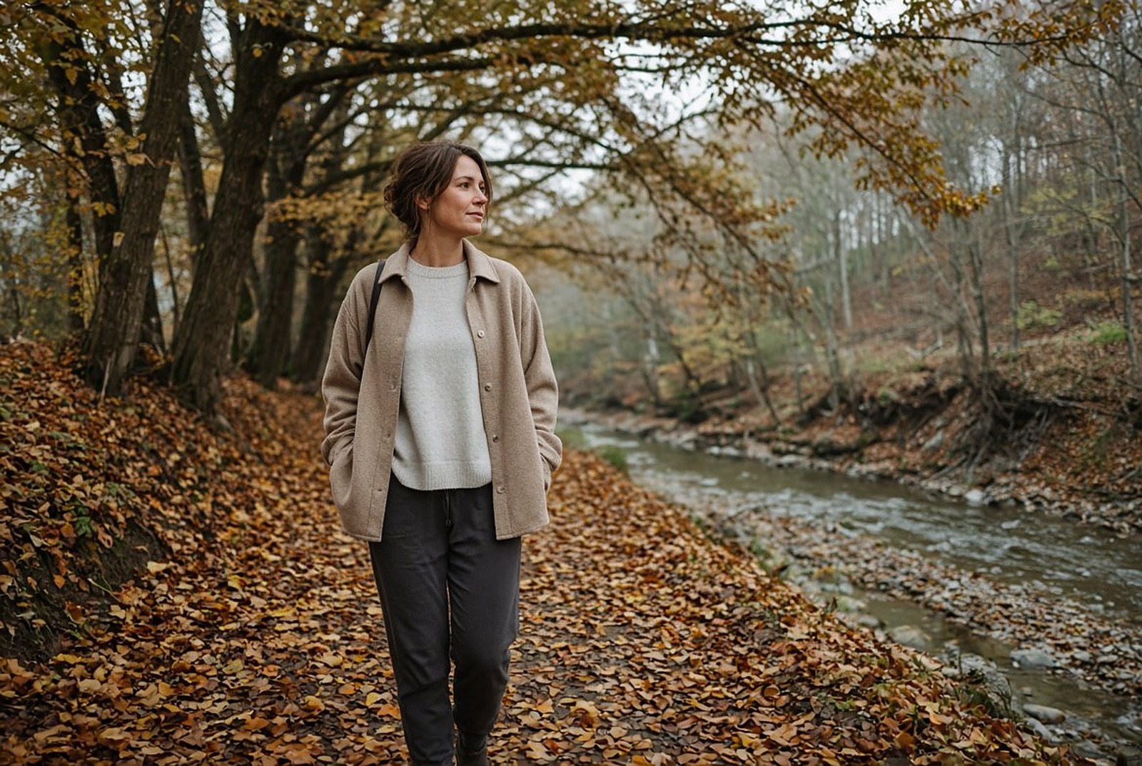 Woman walking on a forest path covered in autumn leaves along a stream, exercising outdoors in autumn