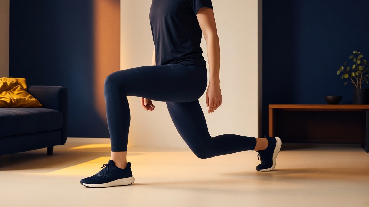 Personne faisant une fente au salon, visage hors cadre, tenue de sport neutre