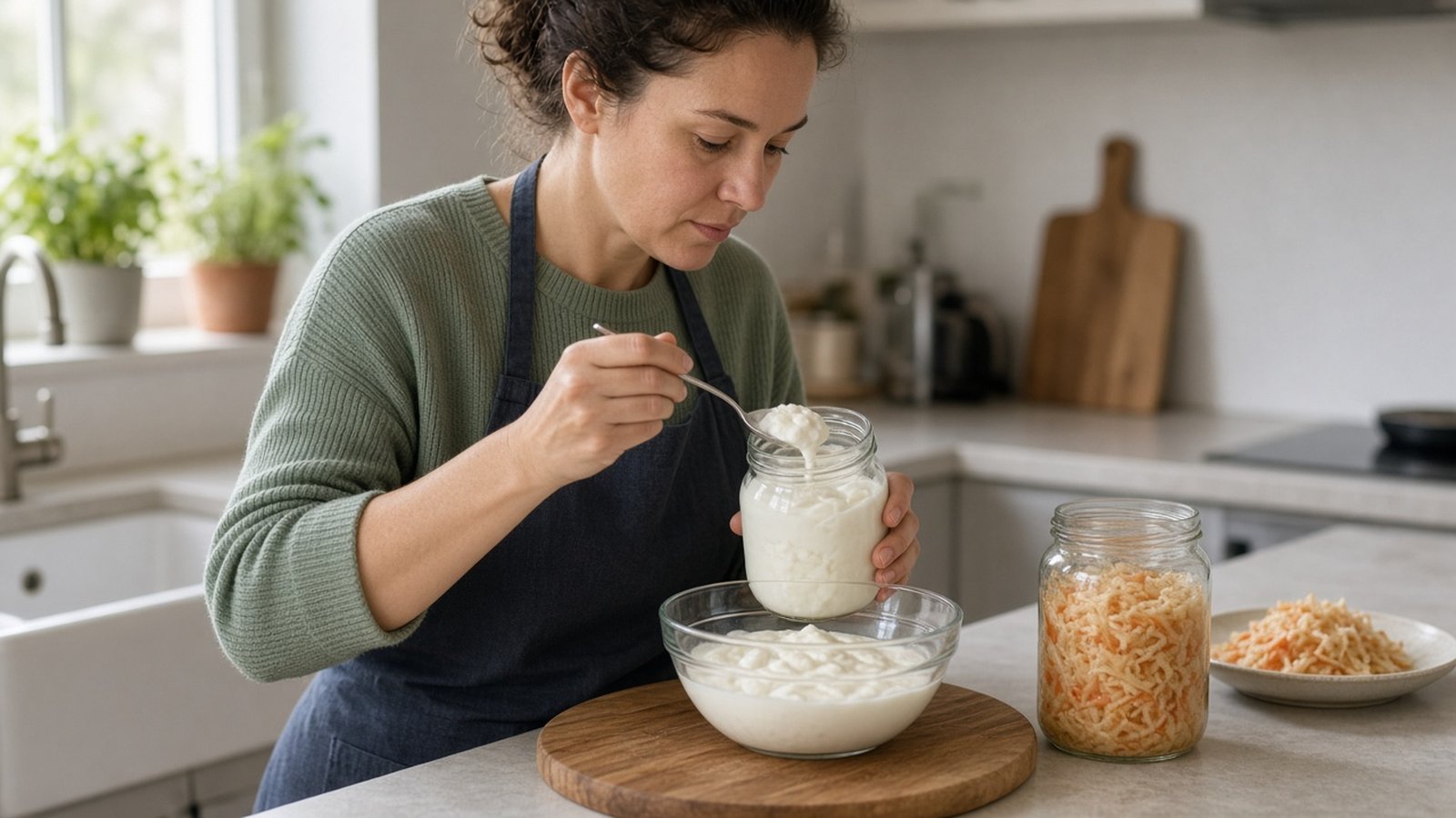 Person serving yoghurt, kefir or sauerkraut on the kitchen counter, fermented foods