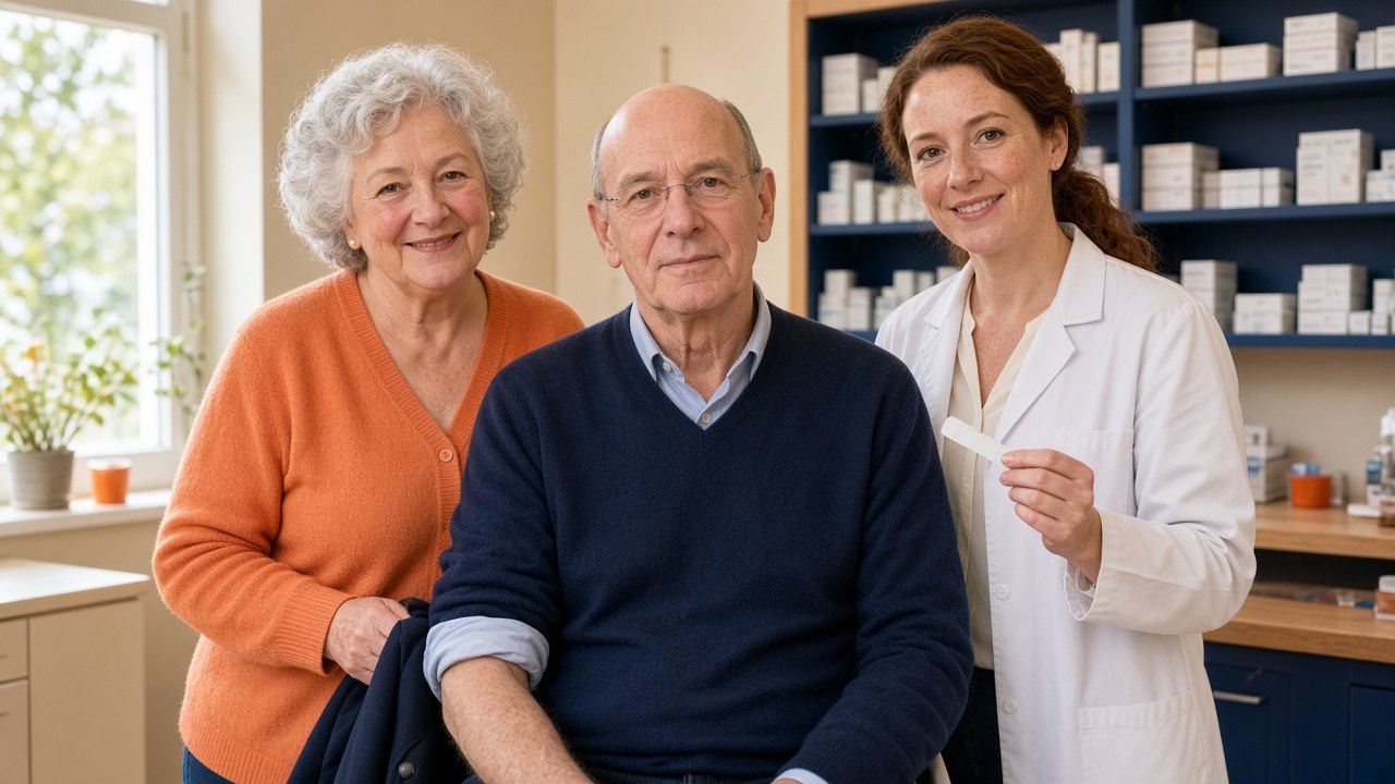 Flu vaccine after 65: a pharmacist vaccinates a 71-year-old man at the pharmacy while his wife holds his coat