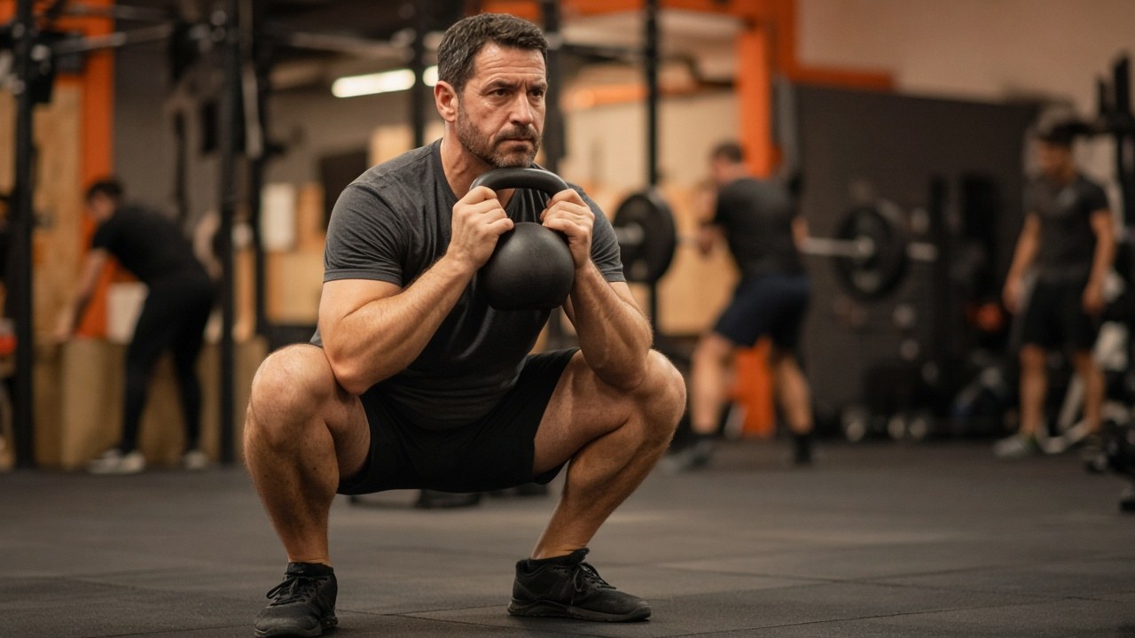 Un sportif fait un goblet squat avec un kettlebell, d'autres sportifs flous dans la salle : combien de musculation par semaine