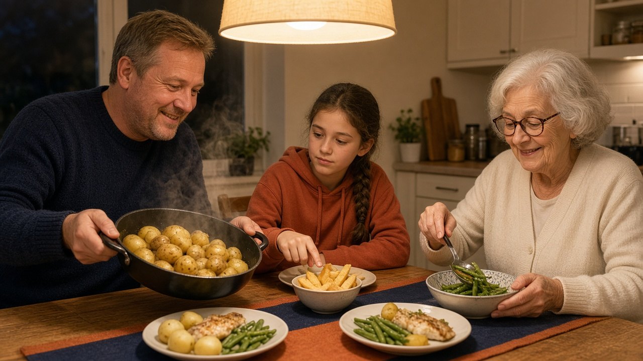 Friet of gekookte aardappelen: een vader zet een pan gekookte aardappelen op tafel terwijl zijn moeder groenten opschept en zijn dochter naar een kommetje frieten wijst