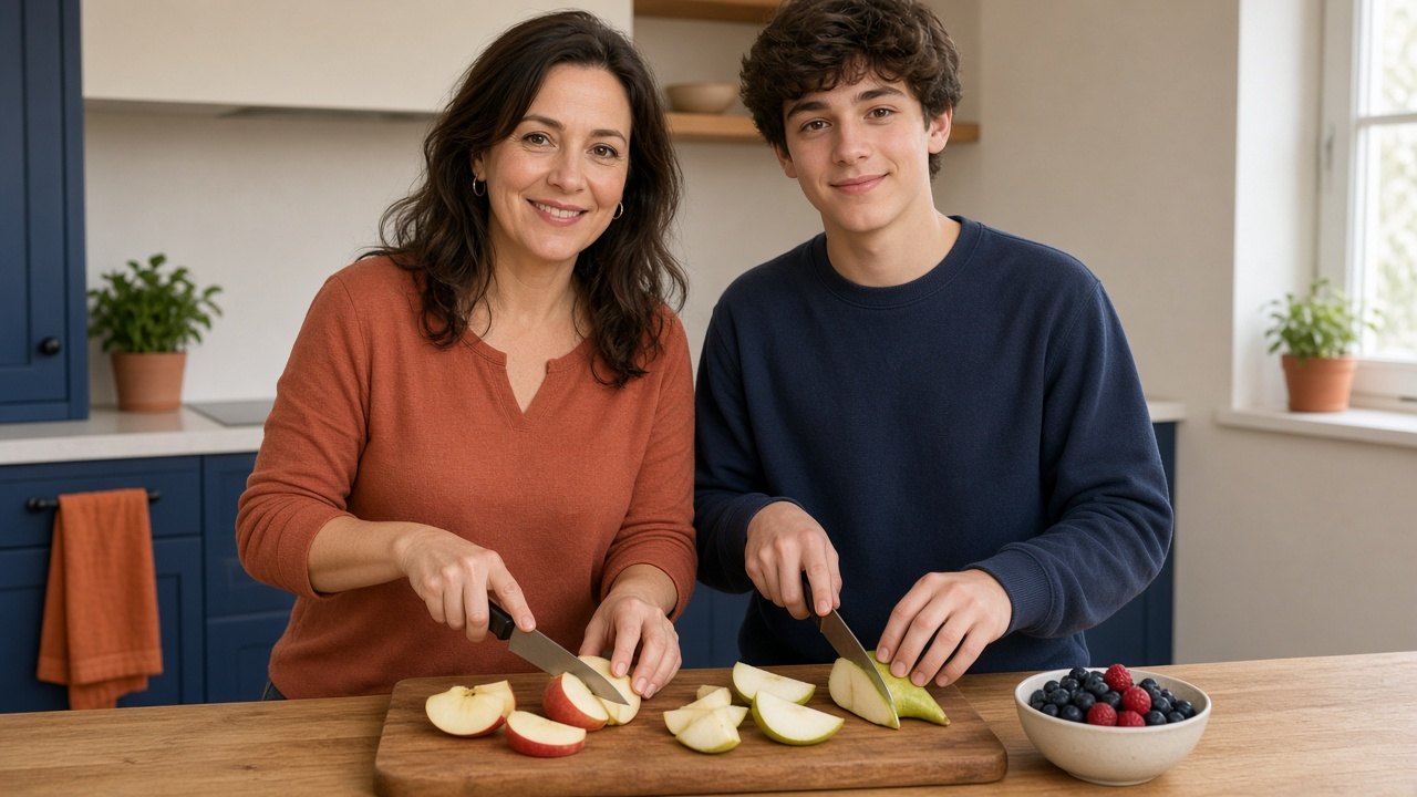 A woman and a teenager slice an apple and a pear at the kitchen table, their daily fruit, both seen from the front